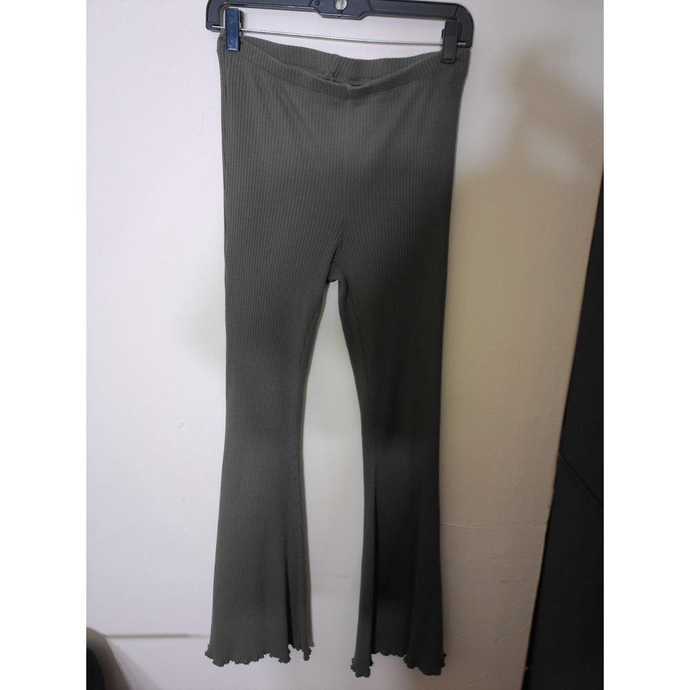 Aerie Ribbed Flare Leggings Womens Medium Olive Green Lettuce Edge Boho Casual
